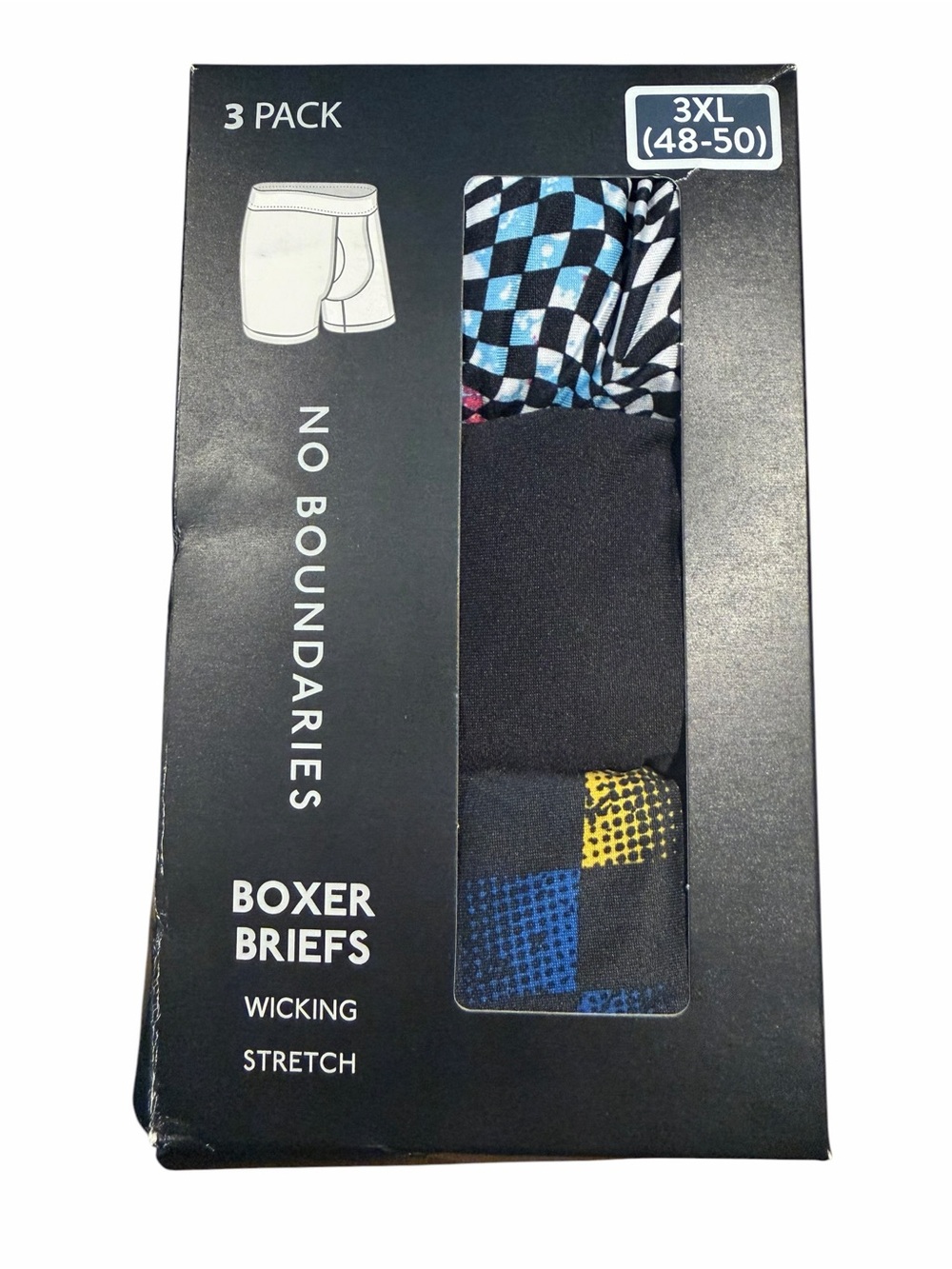 No Boundaries Men’s 3-Pack Boxer Briefs – Black, Blue & Yellow Pattern